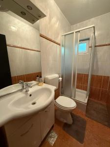 a bathroom with a sink and a toilet and a shower at Coastal dream in Razvala +27 photos