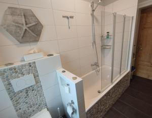 a bathroom with a shower and a toilet and a sink at Ferienwohnung Birklund in Probsteierhagen