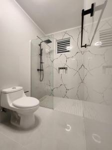a white bathroom with a toilet and a shower at Isabela Luxury Escape in Isabela