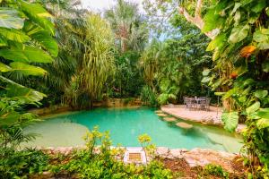 a pool in a garden with a table and chairs at La Hacienda Hotel, at Xcaret in Playa del Carmen