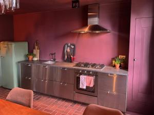 a kitchen with a stove and a purple wall at De Noorderzon in Benningbroek