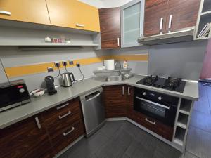 a small kitchen with a sink and a stove at Central City Stay Šancová in Staré Mesto +11 photos