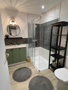 a bathroom with a shower and a toilet and a sink at La cachette chic ! in Sainte-Hélène-du-Lac