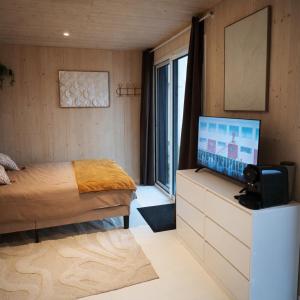 a bedroom with a bed and a flat screen tv at Tiny House Eole - Proche Issoudun, Safran, Rwe - Zone artisanale in Saint-Georges-sur-Arnon