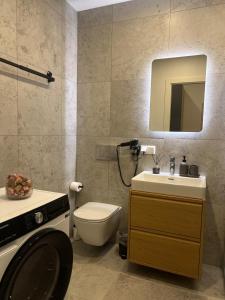 a bathroom with a toilet and a sink and a mirror at Albatross Relax seaside in Ķesterciems