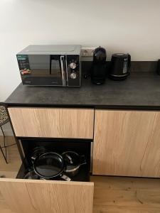 a microwave sitting on top of a kitchen counter at Albatross Relax seaside in Ķesterciems