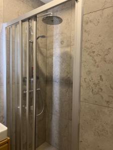 a shower with a glass door in a bathroom at Albatross Relax seaside in Ķesterciems +17 photos