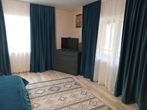 a bedroom with blue curtains and a bed and a television at Котедж Тиша in Rivnya