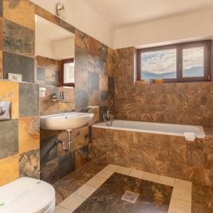 a bathroom with a sink and a tub and a toilet at Pensiunea Valceaua Zanelor in Stațiunea Climaterică Sâmbăta +129 photos