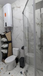 a bathroom with a toilet and a glass shower at Villa Dacha in Izmail