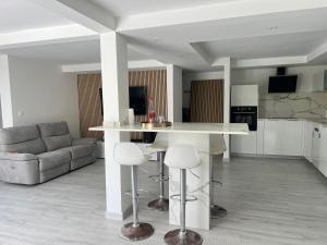 a kitchen and living room with a counter and a couch at Appartement Acajou Pool & Serenity in Le Lamentin