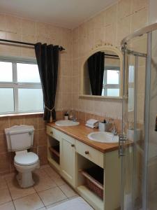 a bathroom with a toilet and two sinks and a shower at Rosswood House in Donegal +23 photos