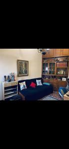 a living room with a blue couch in a room at Master private room in shared appartement in Athens