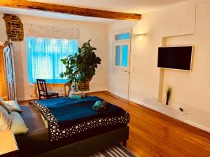 a living room with a couch and a tv at Wohlfühlwohnung Dauborn in Hünfelden