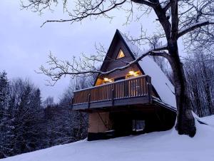 a tree house with a deck in the snow at М'юзіка Карпат in Yavoriv