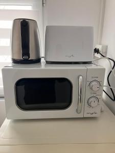 a microwave with a toaster oven on top of it at Garsoniera Goldis in Arad +18 photos