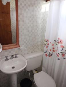 a bathroom with a sink and a toilet and a shower curtain at Mi Niña's in Villa Cura Brochero +14 photos