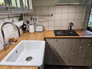 a kitchen with a sink and a stove at Kakasvári Vendégház in Gömörszőlős