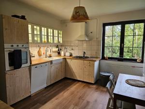 a large kitchen with wooden cabinets and a table at Kakasvári Vendégház in Gömörszőlős +57 photos