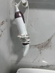 a blow dryer hanging on a wall next to a toilet at New apartment Căușeni in Căuşeni +13 photos