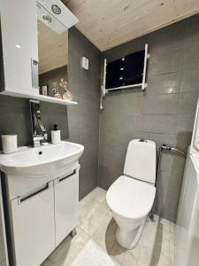 a bathroom with a white toilet and a sink at Polku Apartaments in Imatra +30 photos