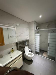 a bathroom with a toilet and a sink and a shower at Ocean Breeze Apartment in Maputo