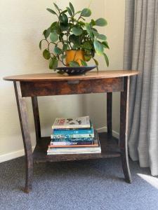 a table with a potted plant and books on it at Relax in the Garden Suite in Thames