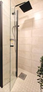a shower with a glass door in a bathroom at Leilighet i Sokndal in Sokndal +22 photos