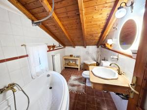 un bagno con vasca, WC e lavandino di Captain's Loft Villa a Marathokampos Altre 26 foto