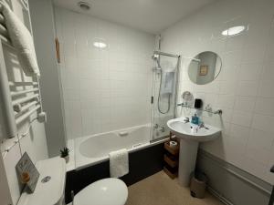 a bathroom with a sink and a shower and a toilet at 2 Nookdales Cottages in Ingleton
