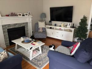 a living room with a fireplace and a tv at 12Birchwood in Holbrook