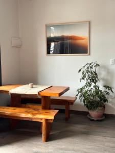 a table and benches in a room with a plant at La Casona Papudo in Papudo