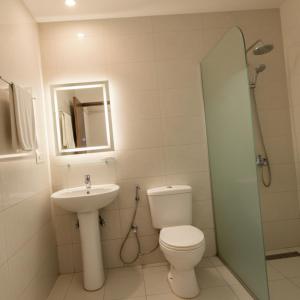 a bathroom with a toilet and a sink and a shower at Retrocka in Jāmb