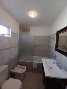 a bathroom with a toilet and a sink and a tub at Hotel Americano in Perito Moreno