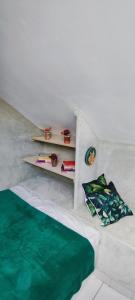 a white bed with a green pillow and shelves at Studio en campagne in Retournac +23 photos