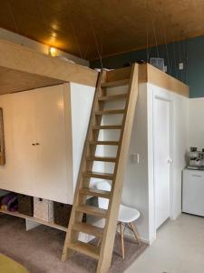 a loft bed in a room with a ladder and a chair at Self-contained studio by the beach in Paekakariki +5 photos