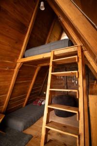 an attic room with two bunk beds and a ladder at DM El Refugio SG B2 in Pinal de Amoles