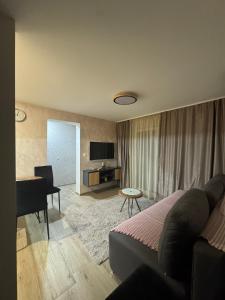 a living room with a bed and a couch and a table at Arni apartments in Donja Vrežina