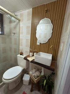 a bathroom with a toilet and a sink and a mirror at Recanto da barra in Ilha do Bom Jardim +16 photos