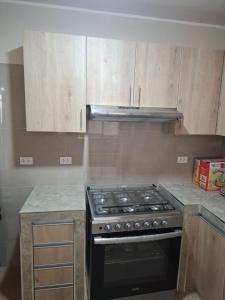 a kitchen with a stove and wooden cabinets at Miski Wasi in Tacna +9 photos
