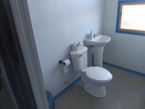 a bathroom with a white toilet and a sink at Lomas de Hullinco Lodge in Petanesí Alto +18 photos
