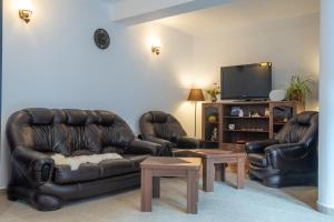 a living room with two leather chairs and a flat screen tv at Pensiunea Restaurant Casa Lacului in Malaia
