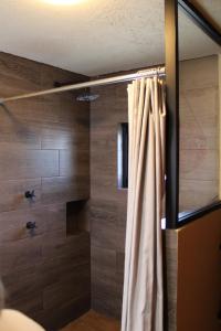 a bathroom with a shower with a curtain at Hermosa habitación de campo in San Gregorio Atzompa +23 photos