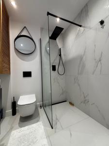 a white bathroom with a shower and a toilet at View Apartments Gorlice in Gorlice +6 photos