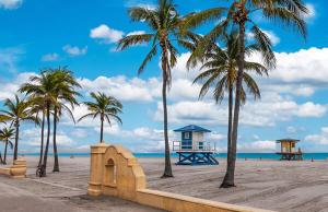 a beach with palm trees and a house on the beach at Private Studio with Patio-King Bed, Near Beach & Casinos in Hollywood