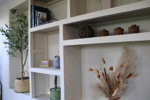 a white book shelf with plants in it at Hermosa habitación de campo in San Gregorio Atzompa