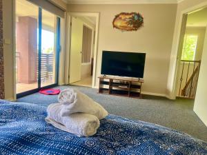 a towel animal sitting on a bed in front of a television at Golf View Charm in Craigieburn