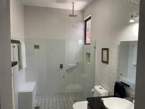 a bathroom with a shower and a toilet and a sink at C apartment in Ajijic +9 photos