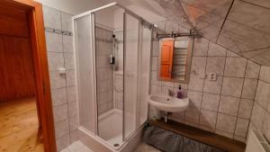 a bathroom with a shower and a sink at Prázdninový dům u Špičáku in Albrechtice v Jizerských horách +45 photos