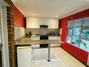 a kitchen with a red brick wall at Siyaya Palace in Jozini